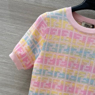 Fendi 25 Knitted Short-sleeved Top Green Pink Wool Cotton