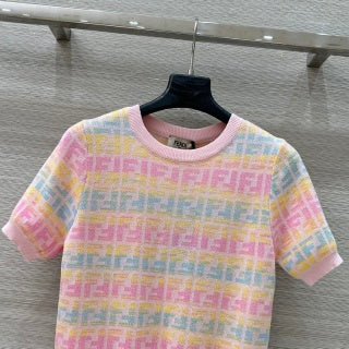 Fendi 25 Knitted Short-sleeved Top Green Pink Wool Cotton