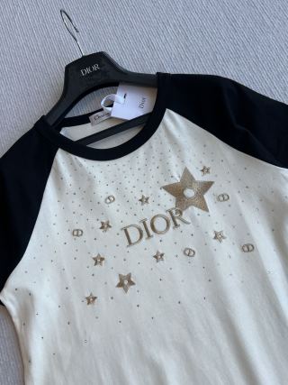 CD Rhinestone Embroidered Short-sleeved T-shirt Black and Beige Cotton
