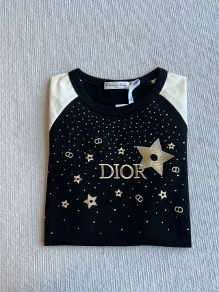 CD Rhinestone Embroidered Short-sleeved T-shirt Black and Beige Cotton