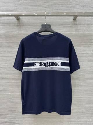 CD 25 Knitted Short-sleeved Top Blue and White Cotton