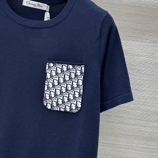 CD 25 Knitted Short-sleeved Top Blue and White Cotton