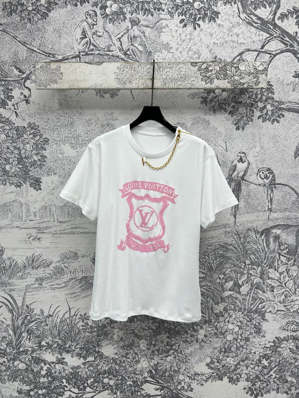 LV 25 Round Neck Metal Zipper T-Shirt Black White Cotton