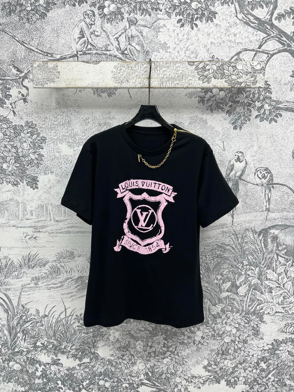 LV 25 Round Neck Metal Zipper T-Shirt Black White Cotton