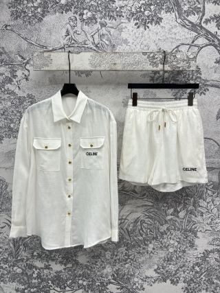 Celine 25 Suit Brown and White Linen Polyester