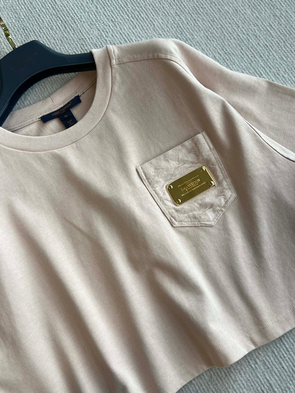 LV 25 Monogram Pocket Patch Iron Elastic Waist Set Light Pink Cotton