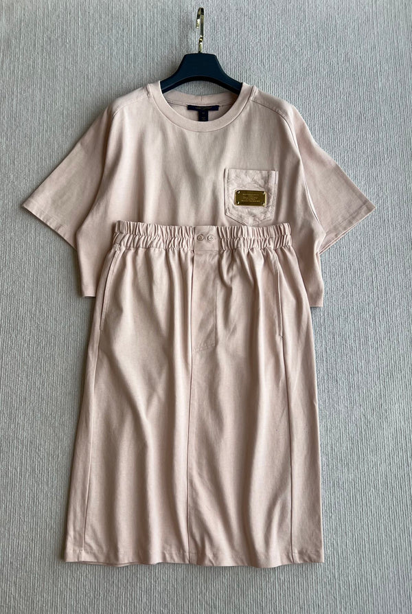 LV 25 Monogram Pocket Patch Iron Elastic Waist Set Light Pink Cotton