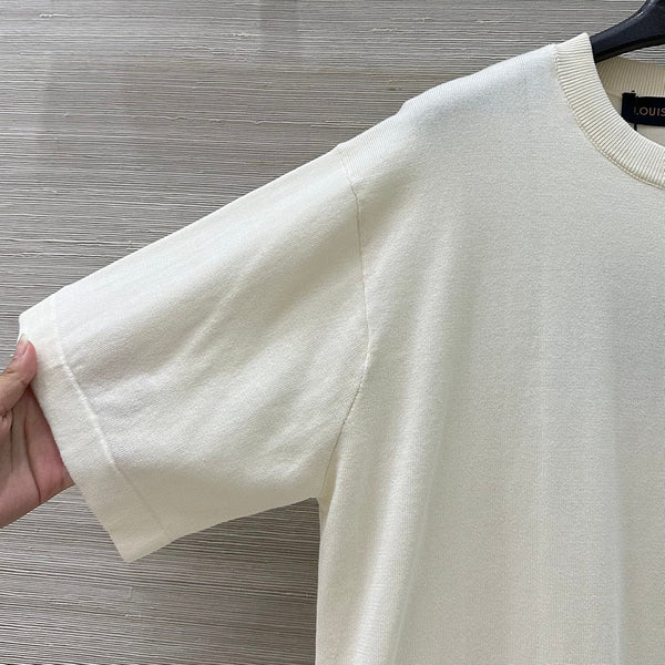 LV 25 Maglietta casual in cotone bianco beige con perline e lettere ricamate a quadri