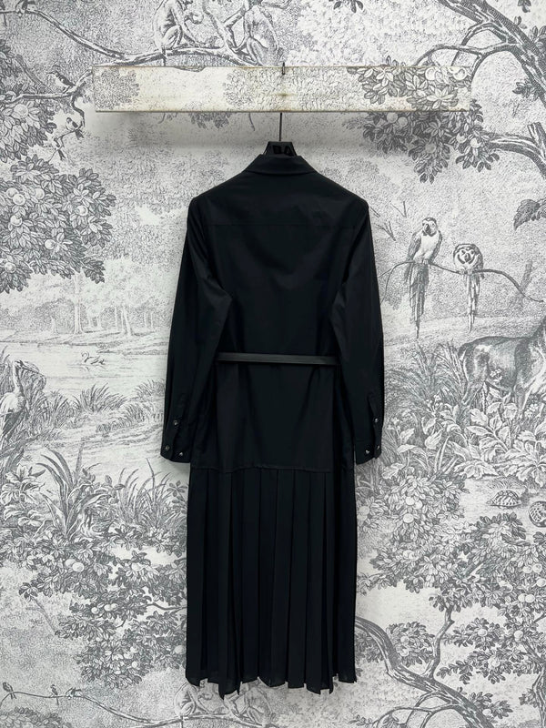 LV 25 Pleated Design Belt That Pinches Waist Dress Black White Cotton