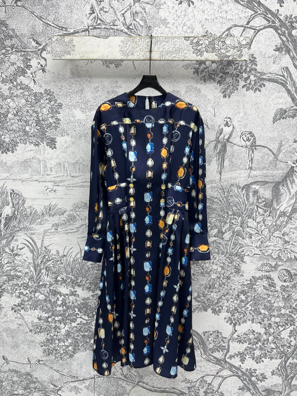 LV 25 Printed Round Neck Lining Pleated Dress White BLue Poliester