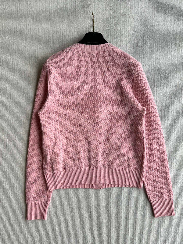 CC 25A Classic Round Neck Floral Wool Cardigan In Pink 275515