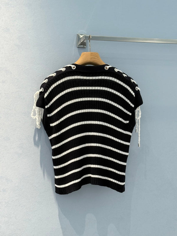 CD 25 Maglia a righe monospalla a maniche corte in maglia di cotone nero