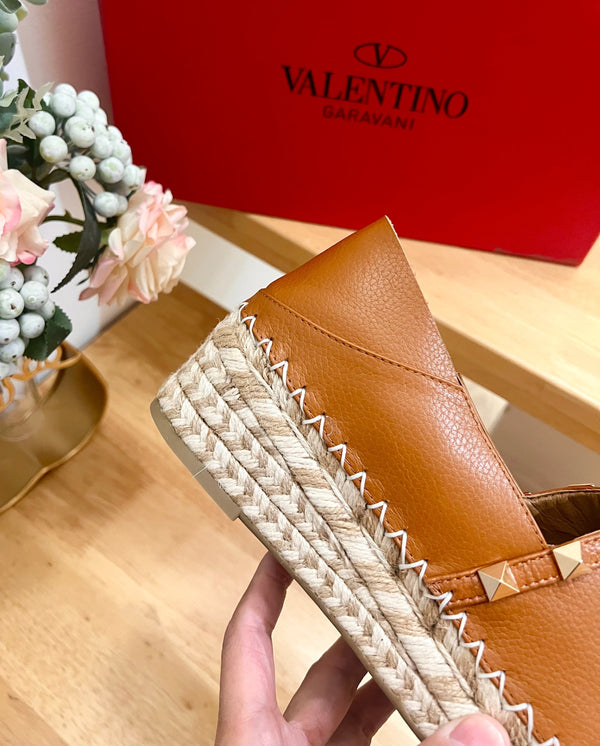 Valentino Rockstud Embellished Slip On Espadrille BRown Cowhide 240573