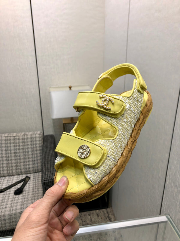 VELCRO SANDALS IN LIGHT YELLOW LAMBSKIN AND TWEED FABRIC