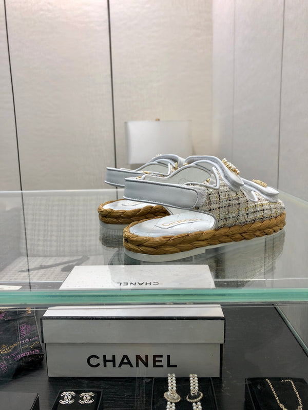 VELCRO SANDALS IN WHITE LAMBSKIN AND TWEED FABRIC