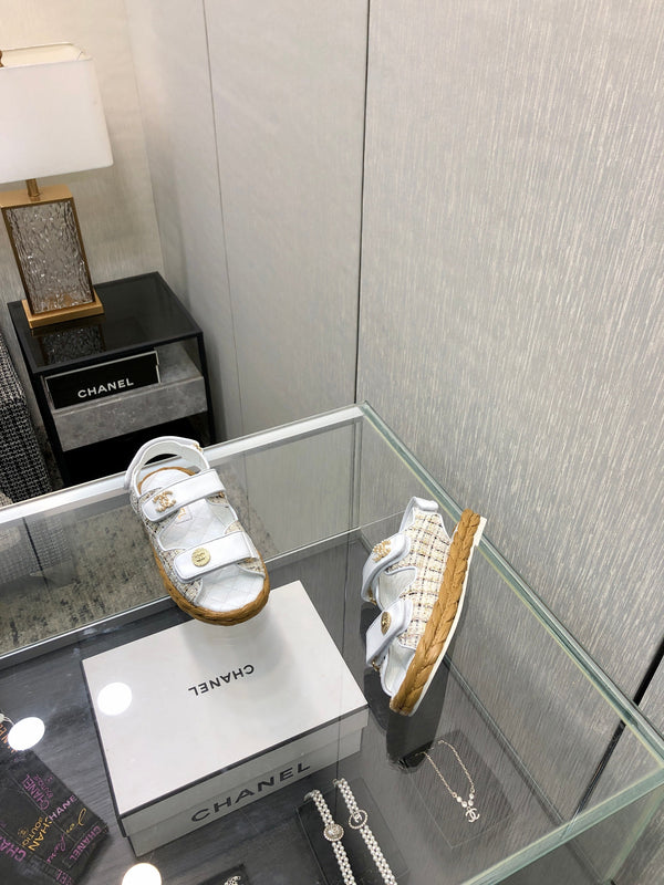 VELCRO SANDALS IN WHITE LAMBSKIN AND TWEED FABRIC