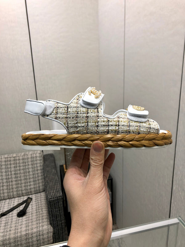 VELCRO SANDALS IN WHITE LAMBSKIN AND TWEED FABRIC