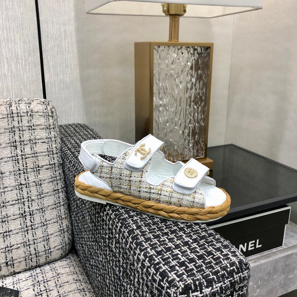 VELCRO SANDALS IN WHITE LAMBSKIN AND TWEED FABRIC