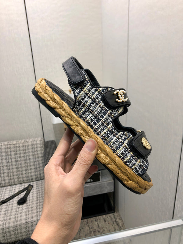 VELCRO SANDALS IN BLACK LAMBSKIN AND TWEED FABRIC