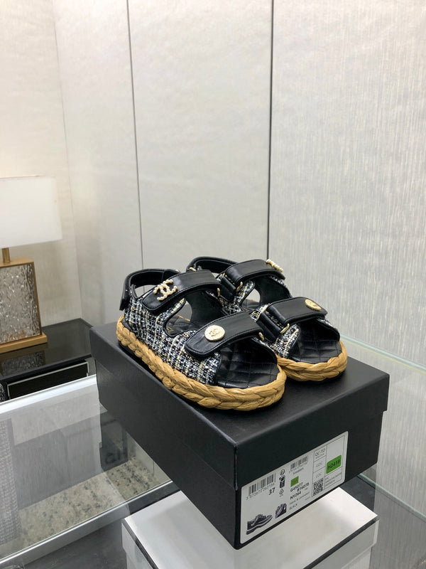 VELCRO SANDALS IN BLACK LAMBSKIN AND TWEED FABRIC