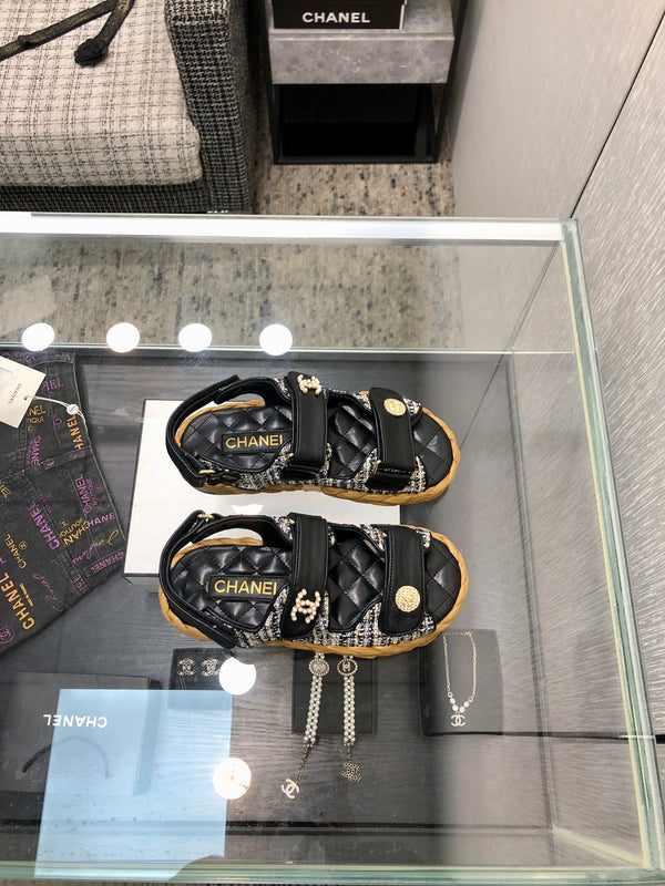 VELCRO SANDALS IN BLACK LAMBSKIN AND TWEED FABRIC