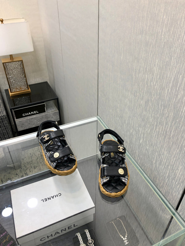 VELCRO SANDALS IN BLACK LAMBSKIN AND TWEED FABRIC