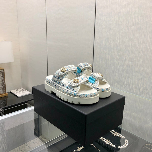 SANDALO DAD IN TESSUTO TWEED BIANCO MISTO AZZURRO