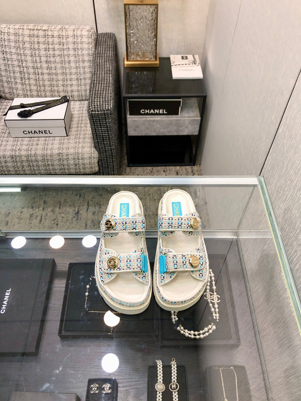 SANDALO DAD IN TESSUTO TWEED BIANCO MISTO AZZURRO