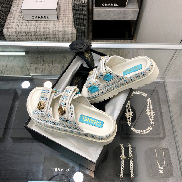 SANDALO DAD IN TESSUTO TWEED BIANCO MISTO AZZURRO