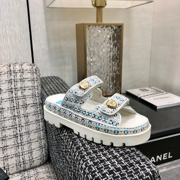 SANDALO DAD IN TESSUTO TWEED BIANCO MISTO AZZURRO