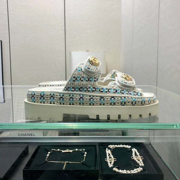 SANDALO DAD IN TESSUTO TWEED BIANCO MISTO AZZURRO