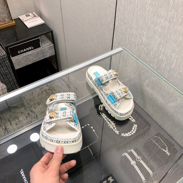 SANDALO DAD IN TESSUTO TWEED BIANCO MISTO AZZURRO