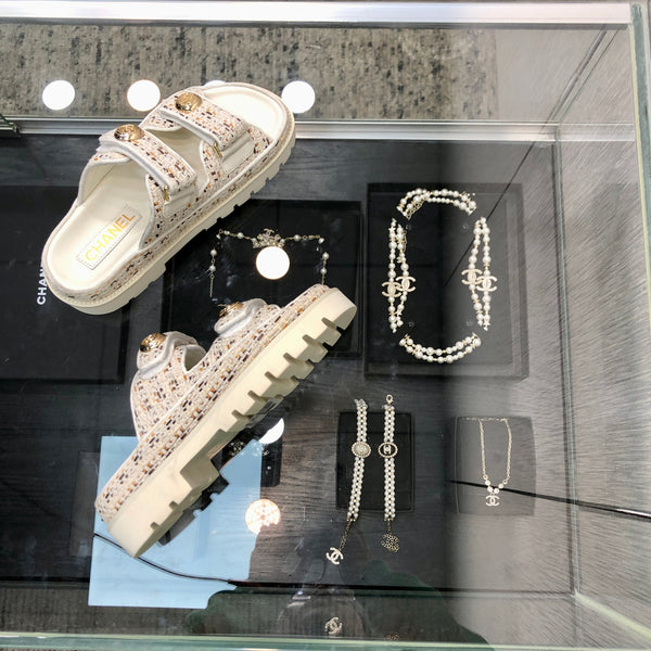 DAD SANDAL MULE IN WHITE MIX LIGHT GOLD TWEED FABRIC