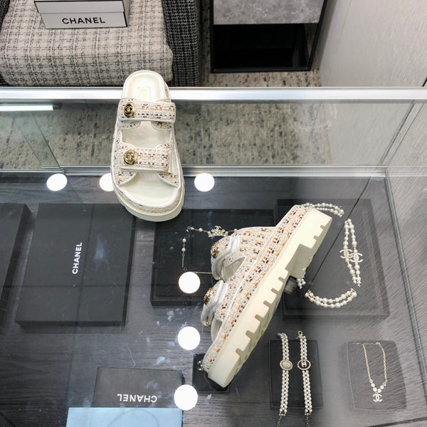 DAD SANDAL MULE IN WHITE MIX LIGHT GOLD TWEED FABRIC