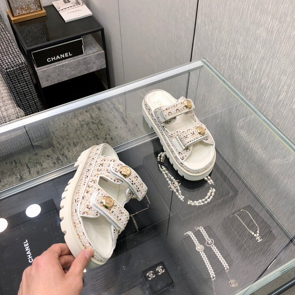 DAD SANDAL MULE IN WHITE MIX LIGHT GOLD TWEED FABRIC