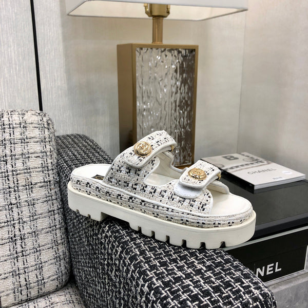 SANDALO DA PAPA' IN TESSUTO TWEED BIANCO E NERO