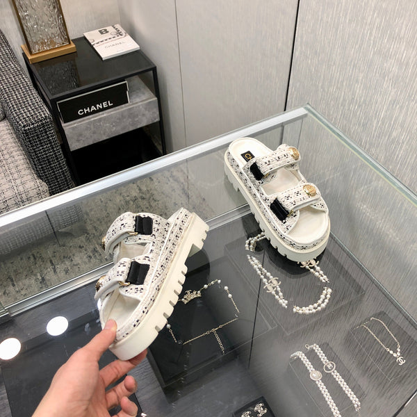 SANDALO DA PAPA' IN TESSUTO TWEED BIANCO E NERO