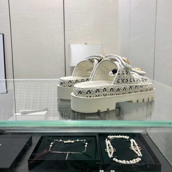 SANDALO DA PAPA' IN TESSUTO TWEED BIANCO E NERO