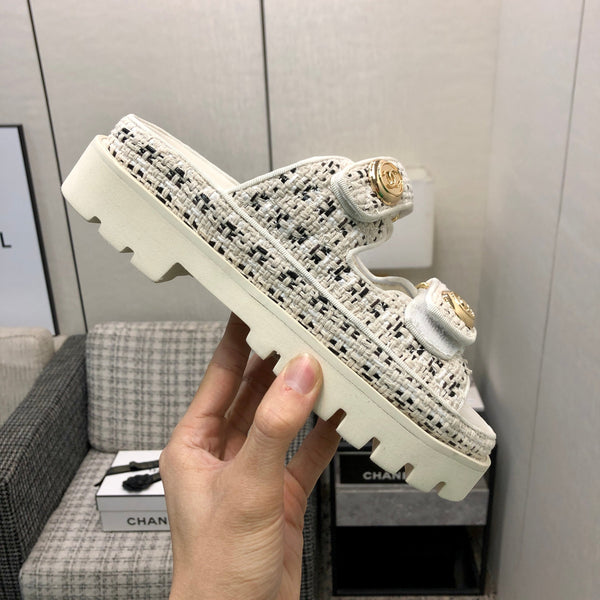 SANDALO DA PAPA' IN TESSUTO TWEED BIANCO E NERO