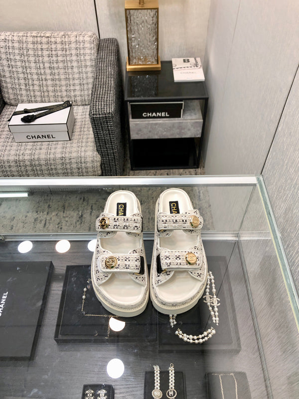 SANDALO DA PAPA' IN TESSUTO TWEED BIANCO E NERO