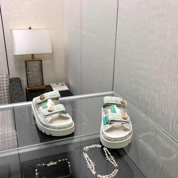 DAD SANDAL MULE IN WHITE MIX PERSIAN GREEN TWEED FABRIC