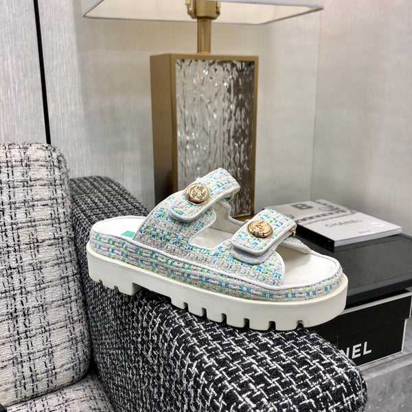 DAD SANDAL MULE IN WHITE MIX PERSIAN GREEN TWEED FABRIC