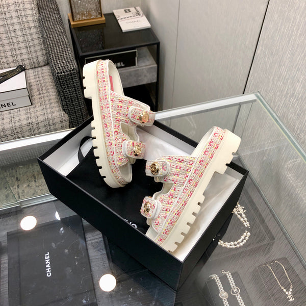 SANDALO DA PAPA' IN TESSUTO TWEED BIANCO E ROSA BRILLANTE