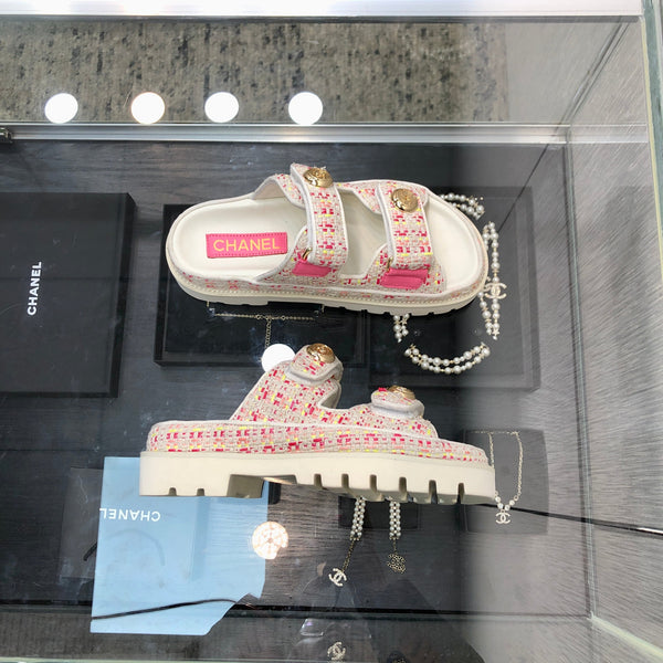 SANDALO DA PAPA' IN TESSUTO TWEED BIANCO E ROSA BRILLANTE