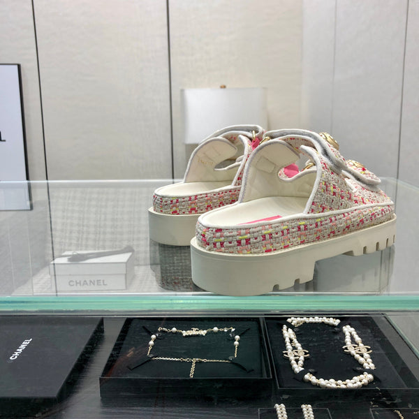 SANDALO DA PAPA' IN TESSUTO TWEED BIANCO E ROSA BRILLANTE