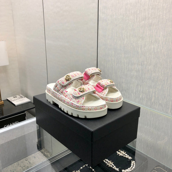 SANDALO DA PAPA' IN TESSUTO TWEED BIANCO E ROSA BRILLANTE