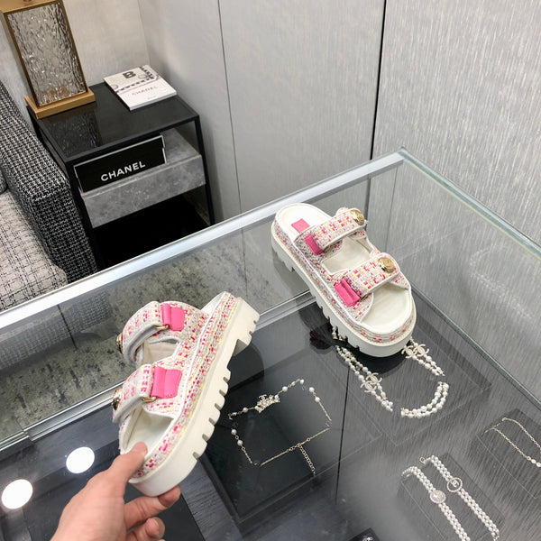 SANDALO DA PAPA' IN TESSUTO TWEED BIANCO E ROSA BRILLANTE