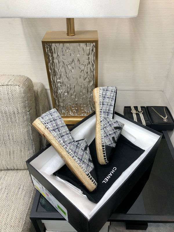 ESPADRILLE COLORFUL TWEED FABRIC AND BLACK CALFSKIN FLATS