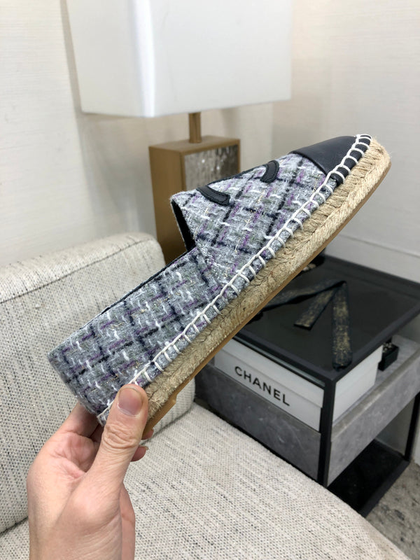 ESPADRILLE COLORFUL TWEED FABRIC AND BLACK CALFSKIN FLATS