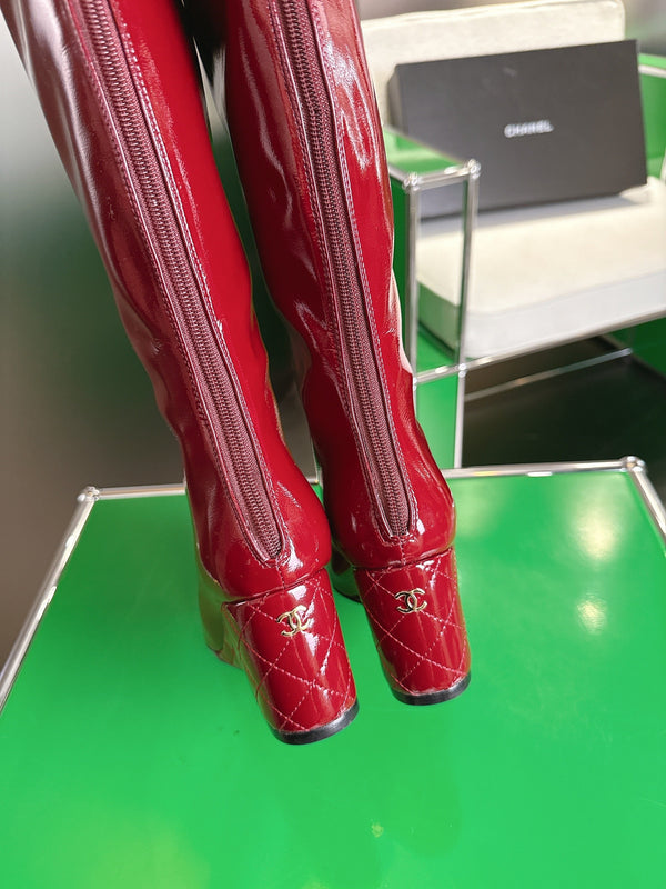 Chanel High-Top Boots Platform Heel 7cm Burgundy Glossy Leather 507532
